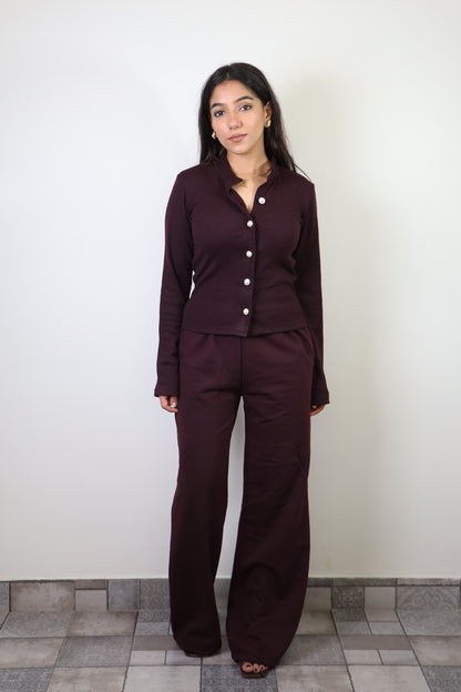 Burgundy Rib Full Sleeves & Cotton Fleece Pants Set