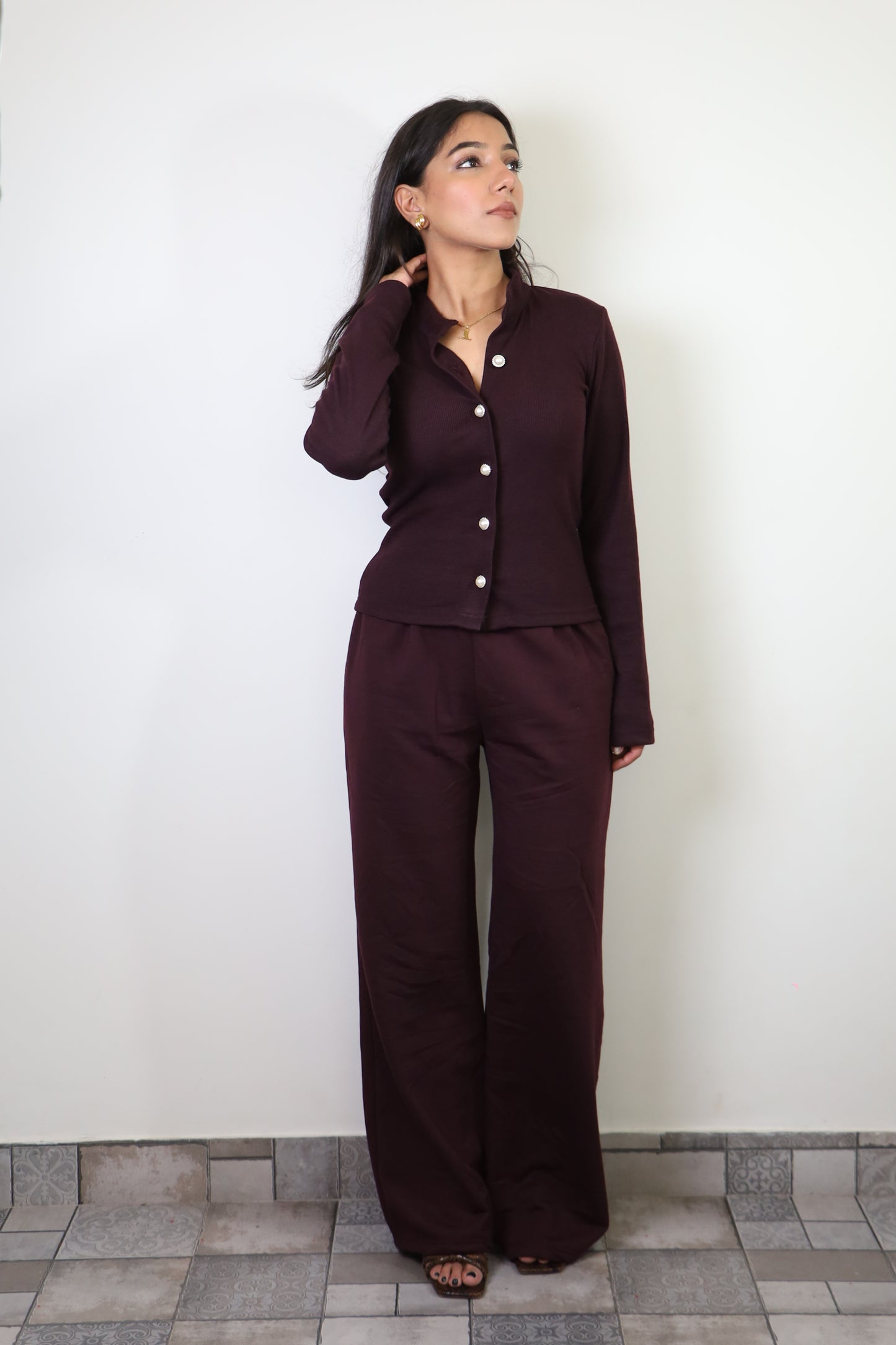 Burgundy Rib Full Sleeves & Cotton Fleece Pants Set