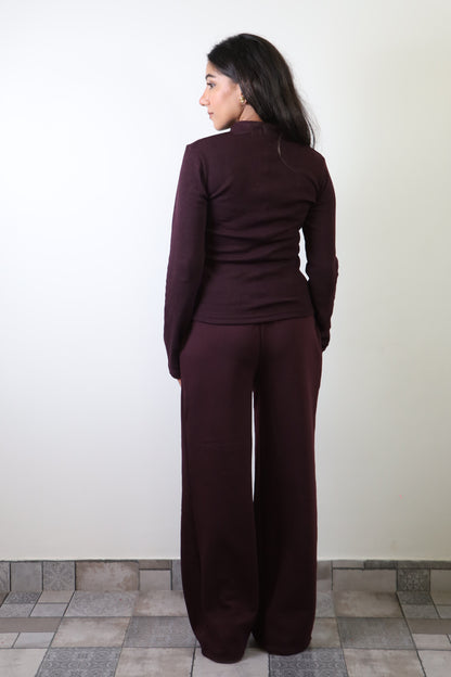 Burgundy Rib Full Sleeves & Cotton Fleece Pants Set