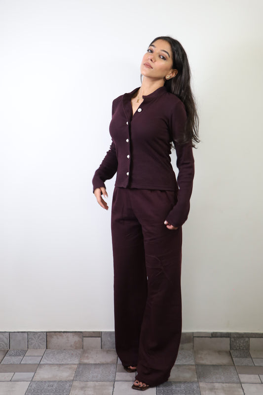 Burgundy Rib Full Sleeves & Cotton Fleece Pants Set