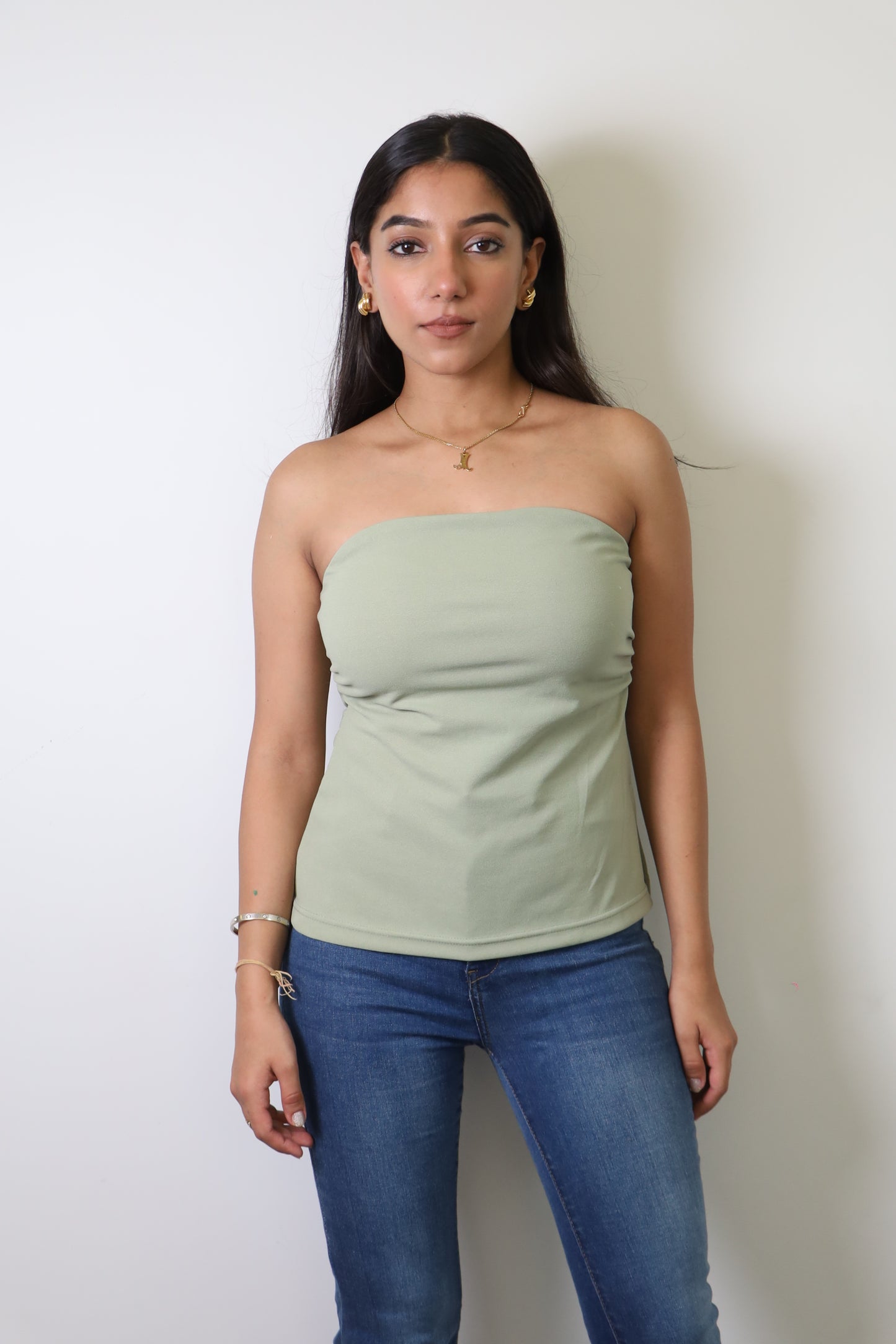 Sage Green Crepe Strapless Top