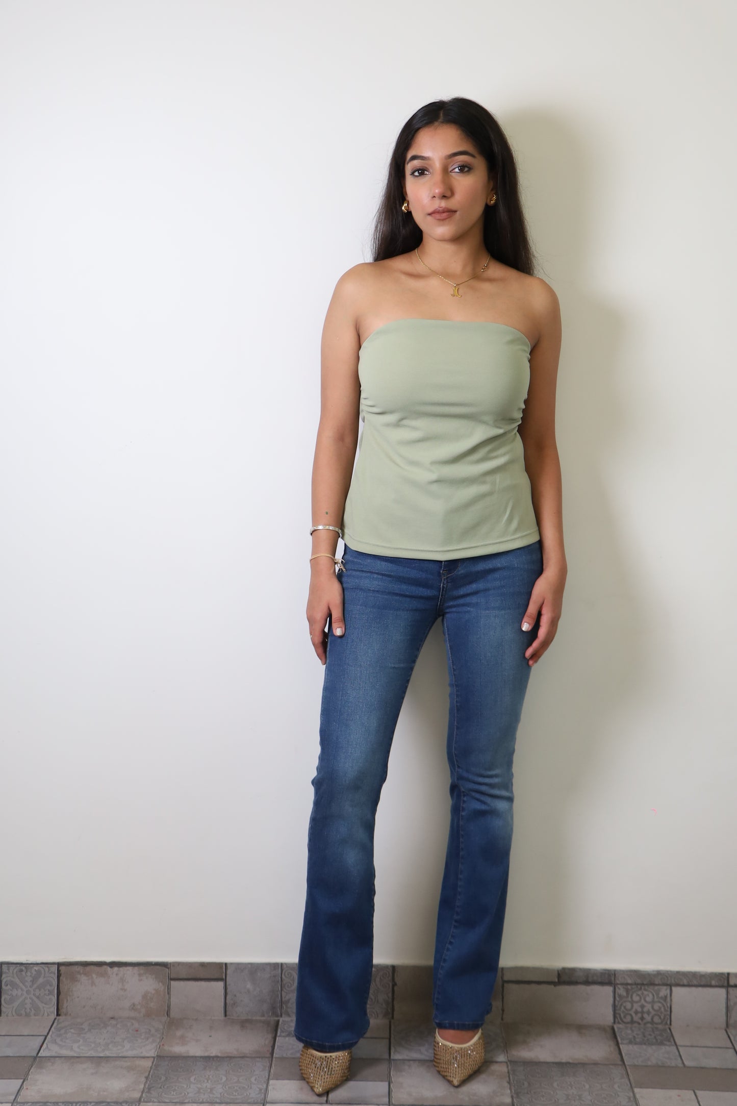 Sage Green Crepe Strapless Top