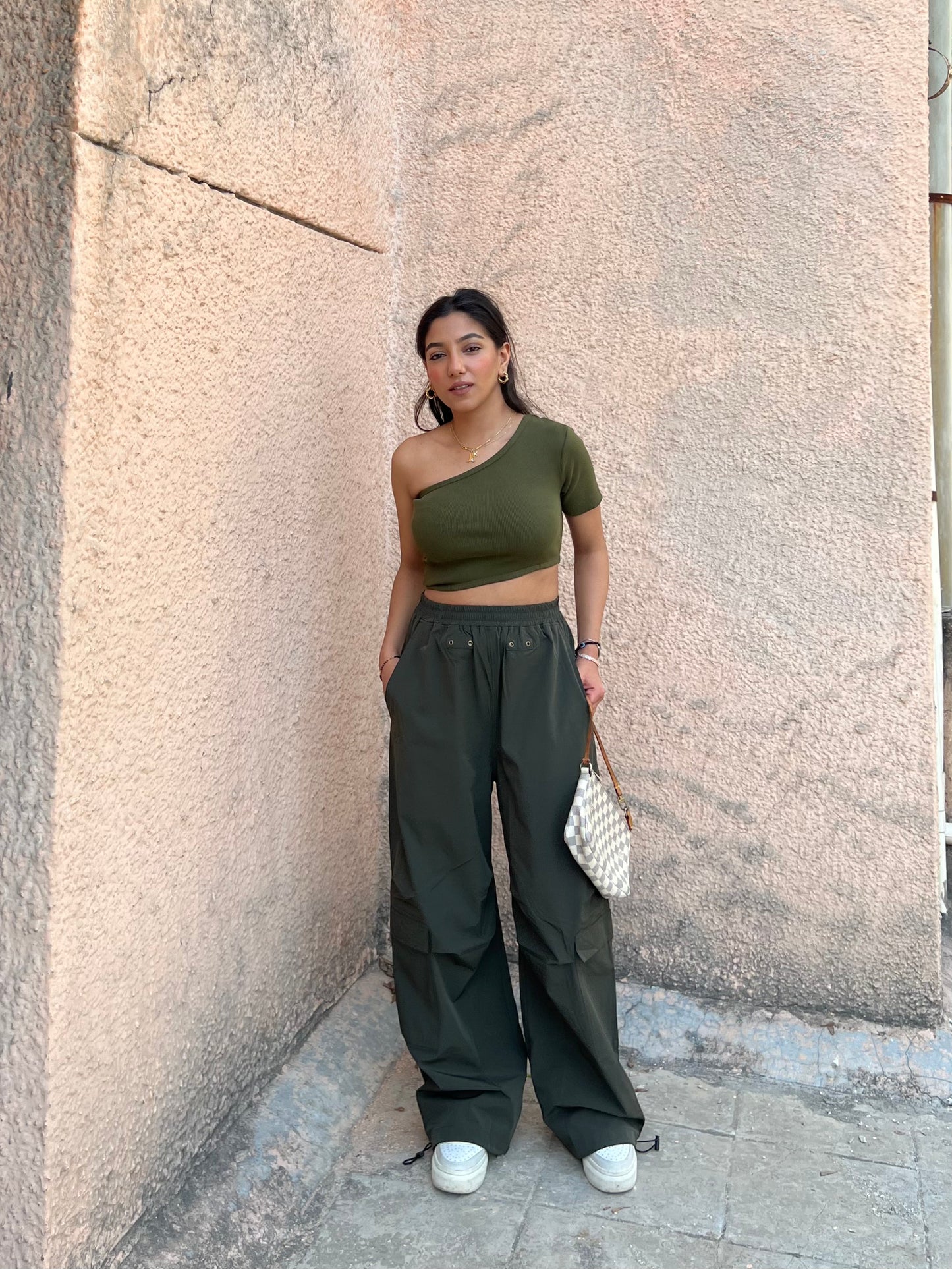 One shoulder Olive Green Parachute Cargo Co-ord –